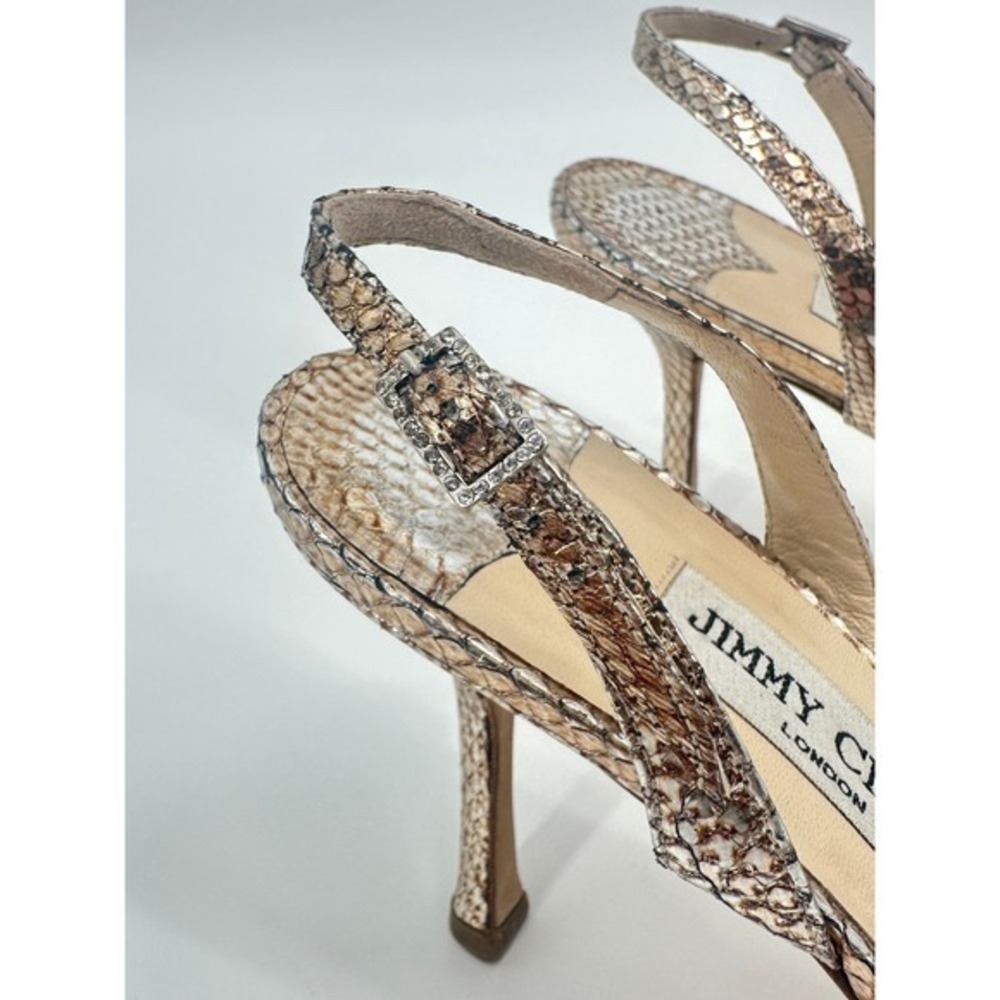 Jimmy Choo Metallic Watersnake Skin Crystal Buckle Slingback Heels Gold 39.5 - Picture 7 of 10